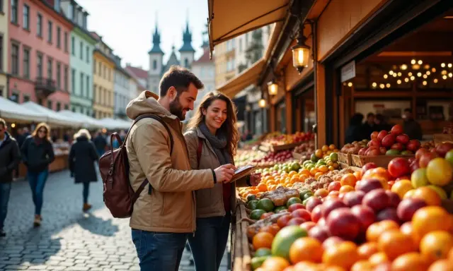 Para dowiedzieć się, ile kosztuje obiad w Czechach, przegląda rynek z owocami.