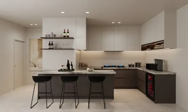 Elegantes diseños cocinas con isla, barra de desayuno, vinoteca y electrodomésticos modernos.