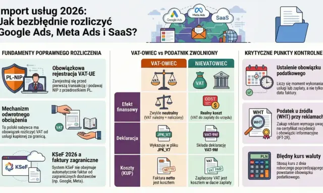 Import usług 2026: Rozlicz Google Ads, Meta Ads i SaaS. Obowiązkowa rejestracja VAT-UE, mechanizm odwrotnego obciążenia, KSeF. Kluczowe punkty: ustalenie obowiązku, WHT, kurs waluty.