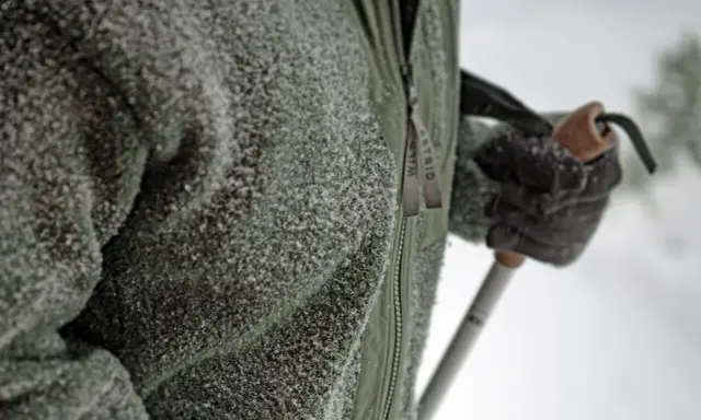 En person i lager på lager-principen lager 2, en grön fleecetröja täckt av snö, håller i en skidstav.