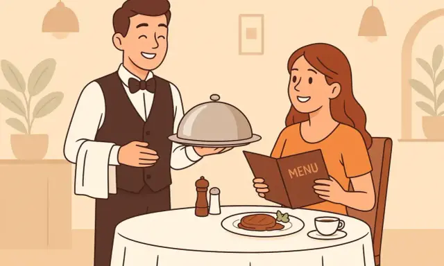 Un camarero sonriente presenta un plato cubierto a una clienta que lee el menú. El **food service** en acción, una experiencia culinaria.