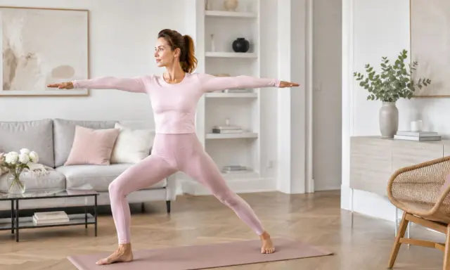 Kobieta w różowym stroju ćwiczy jogę w salonie. Widoczne są piękne pilates efekty: smukła sylwetka i pewność siebie.