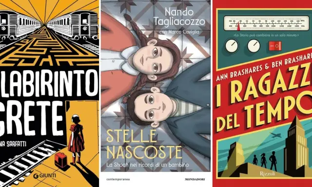 Copertine di libri: "Il labirinto di Creta", "Stelle nascoste" e "I ragazzi del tempo", perfetti fumetti per ragazzi di 13 anni.