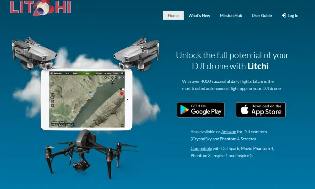 Litchi App: Steuere deine DJI Drohne mit der Litchi App. Hier siehst du Drohnen, ein Tablet mit Kartenansicht und Download-Buttons.