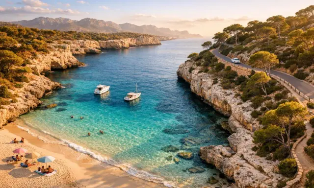 Malownicza zatoka z turkusową wodą, plażą i łodziami. Idealne miejsce, by sprawdzić, co zobaczyć na Palma de Mallorca.