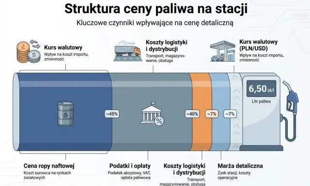 Struktura ceny paliwa: cena ropy naftowej (45%), podatki (40%), logistyka (7%), marża (7%). Kurs walutowy wpływa na koszt importu.