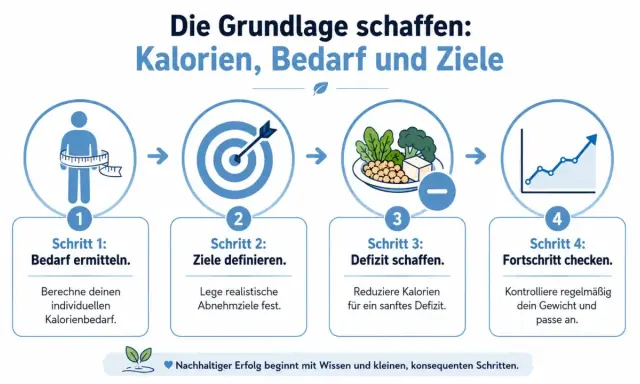 Schritt-für-Schritt-Anleitung für abnehmen in 4 wochen: Bedarf ermitteln, Ziele setzen, Kaloriendefizit schaffen, Fortschritt kontrollieren.