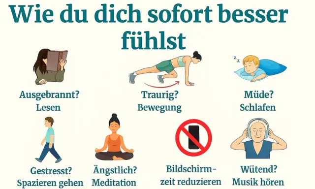 Sechs Illustrationen zeigen, was tun gegen Aufregung: Lesen bei Erschöpfung, Bewegung bei Traurigkeit, Schlafen bei Müdigkeit, Spazierengehen bei Stress, Meditation bei Angst, Bildschirmzeit reduzieren, Musik hören bei Wut.