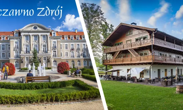 Szczawno Zdrój sanatorium: okazały budynek i drewniana willa z tarasem i ogródkiem.
