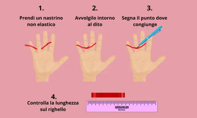 Guida per misurare la circonferenza del dito: avvolgi un nastrino, segna il punto di congiunzione e controlla la lunghezza sul righello per capire a cosa corrisponde misura 50 anello.