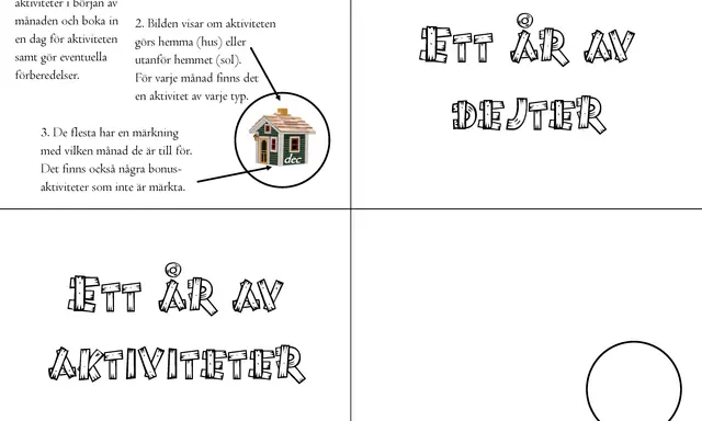 En guide för att planera aktiviteter för varje månad. Vad ska man hitta på idag? En bild visar ett hus som symboliserar hemma-aktiviteter.