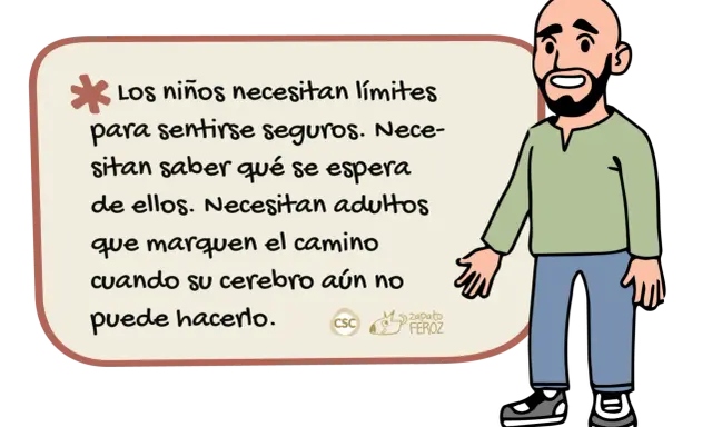 Un hombre calvo con barba sonríe. Un texto en un bocadillo explica que la crianza respetuosa implica dar límites a los niños para que se sientan seguros.
