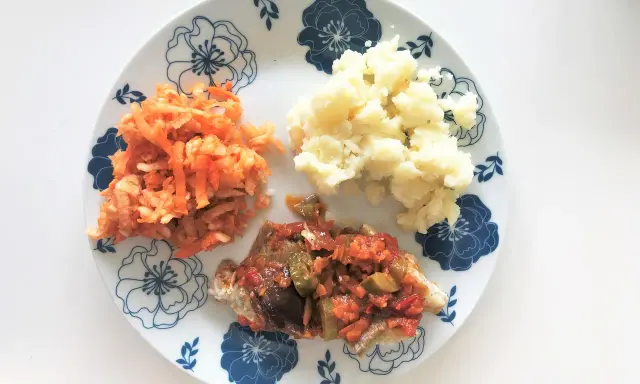Lekki posiłek po kolonoskopii: ryba w sosie warzywnym, puree ziemniaczane i surówka z marchewki.