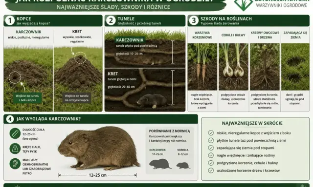 Niskie, nieregularne kopce karczownika w ogrodzie, płytkie tunele i szkody w roślinach. Porównanie z nornicą.