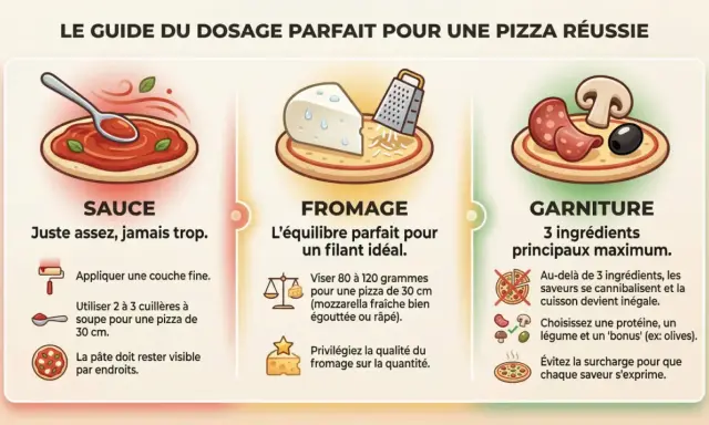 Guide pour la cuisson pizza : sauce, fromage et garniture. Conseils pour un dosage parfait et des saveurs équilibrées.