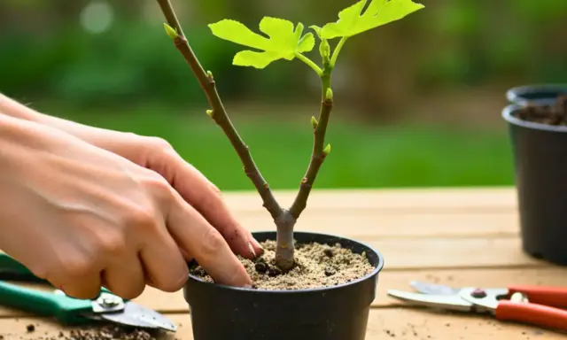 Mains ajustant la terre autour d'un jeune pousse figuier dans un pot. Des cisailles de jardinage sont à proximité.