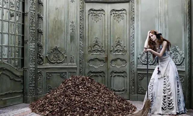 A woman in a tattered gown leans on a broom beside a mountain of leaves in a grand, ornate room, a scene captured by Eugenio Recuenco.