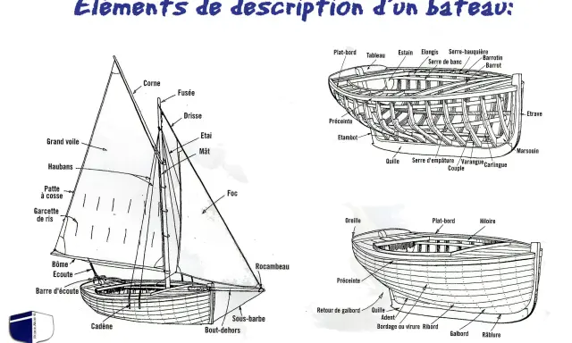 Schéma détaillé du vocabulaire d'un voilier, montrant les différentes parties de la coque et des voiles.