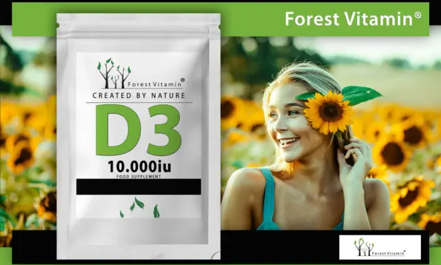 Opakowanie Forest Vitamin D3 10.000iu obok uśmiechniętej kobiety w polu słoneczników.
