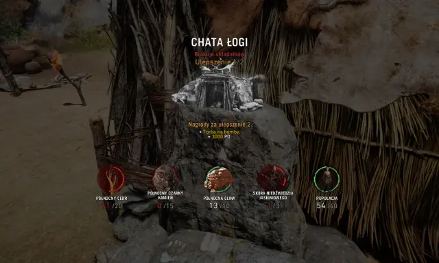 W grze Far Cry Primal ulepszasz chatę, zbierając północny cedr, kamień, glinę i skórę niedźwiedzia.
