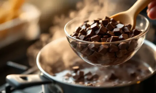 Chocolat en morceaux dans un bol au-dessus d'une casserole d'eau frémissante pour un bain-marie. Le chocolat est sur le point de fondre, prêt à être utilisé pour une recette.
