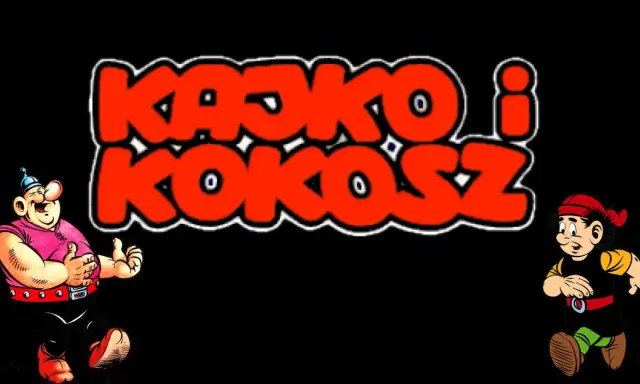Kajko i Kokosz gra: wesoły, pulchny wojownik i zwinny junak w czerwonych czapkach, na tle napisu.