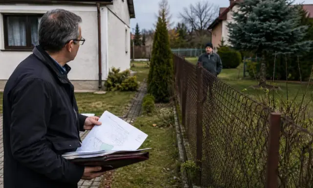 Mężczyzna z dokumentami analizuje teren, szukając sposobu, jak podważyć zasiedzenie. Sąsiad obserwuje go zza płotu.