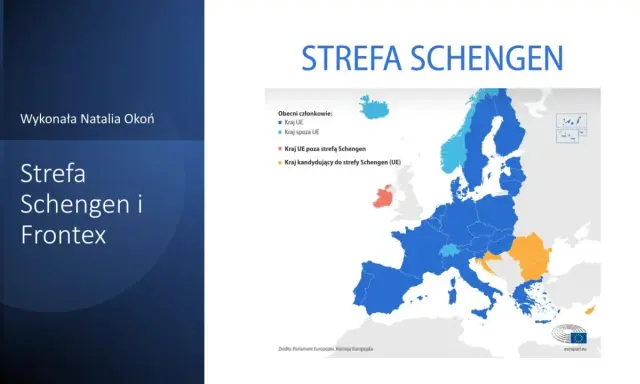 Mapa Europy z zaznaczonymi krajami strefy Schengen, UE i krajami kandydującymi.