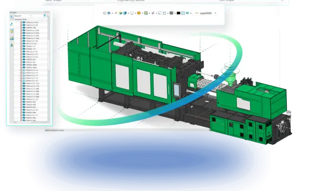 Macchina per stampaggio a iniezione in fase di progettazione, con interfaccia di modellazione parametrica che mostra le opzioni di modifica della forma.