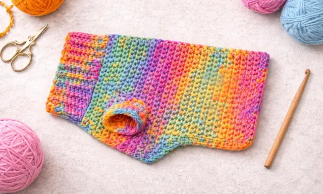 Kolorowy sweter na szydełku tunezyjskim, gotowy do ozdobienia psiego przyjaciela.