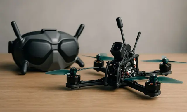 FPV-Drohne und Brille auf Holztisch. Der **Drohnen Controller** ist bereit für den Flug.