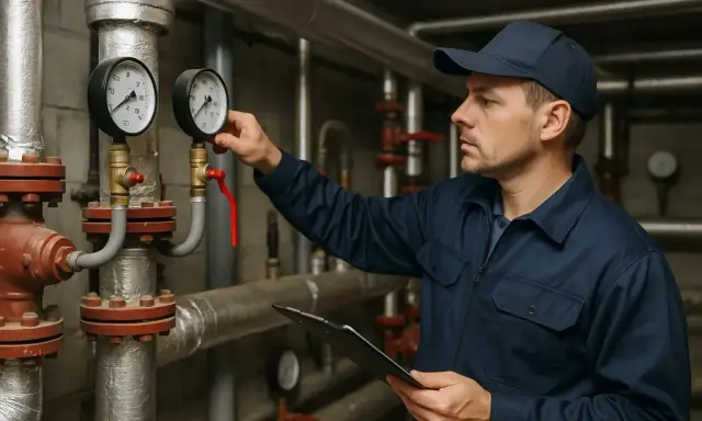Technik sprawdza ciśnienie na manometrach w kotłowni, przygotowując blok do okresu grzewczego.