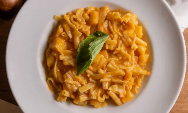 Un piatto di pasta patate e provola cremoso, con pezzi di patate e un rametto di basilico fresco.