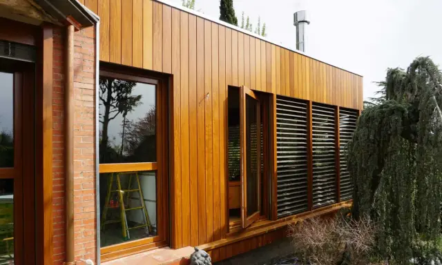 Modern house with ventanales grandes para casas, madera y ladrillo. Un árbol frondoso cuelga sobre la estructura.