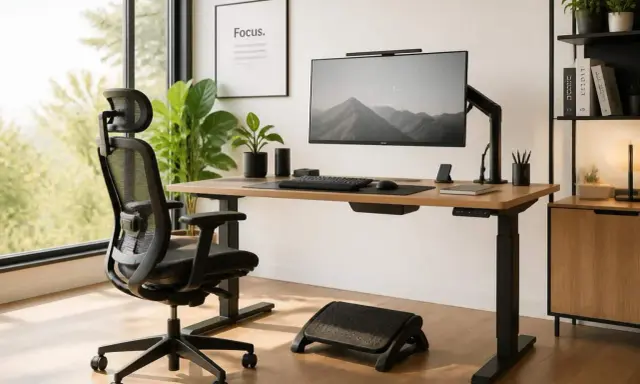 Un bureau bien organisé avec une chaise ergonomique, un écran d'ordinateur, un clavier et une plante verte. L'espace est lumineux et invitant.