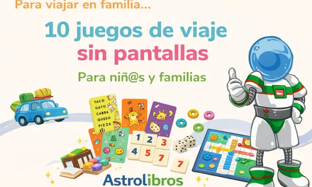 Astronauta sonriente anima a disfrutar de juegos caseros para viajar en familia sin pantallas. ¡Diversión garantizada!