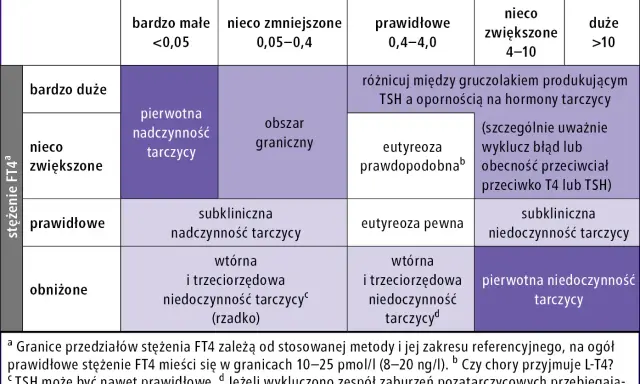 Tabela interpretująca badanie TSH i FT4. Pokazuje, co to jest badanie TSH i jak jego wyniki, w połączeniu z poziomem FT4, wskazują na różne stany tarczycy.