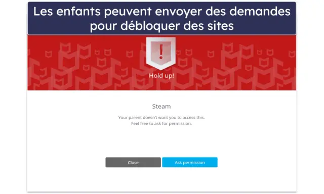 Fenêtre de blocage de site web pour le contrôle parental d'ordinateur. Steam est inaccessible, mais l'enfant peut demander l'autorisation.