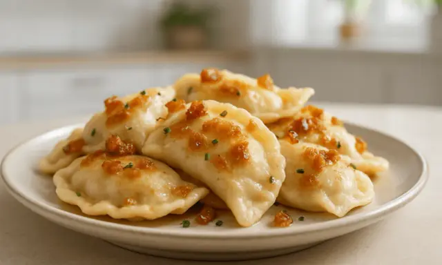 Pyszne pierogi ruskie, które Ania gotuje, polane skwarkami i posypane szczypiorkiem, na jasnym talerzu.