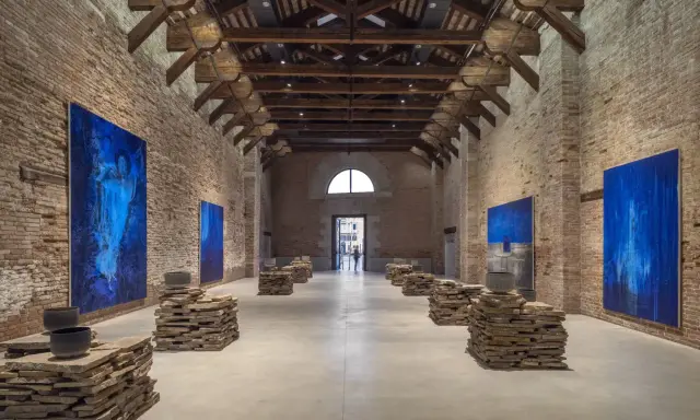 Vaste salle d'exposition à Venise, avec des œuvres d'art bleues et des sculptures en pierre. L'architecture industrielle de Pinault Venise est mise en valeur.