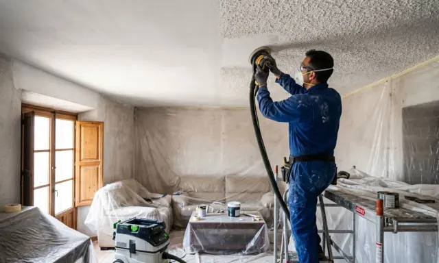 Hombre con mono azul lijando techo con gotelé para alisar paredes. Protege muebles y suelo con plásticos.