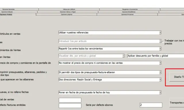 Configuración de opciones de venta, incluyendo la opción "Diseño Tickets" para personalizar la plantilla tickets para imprimir.