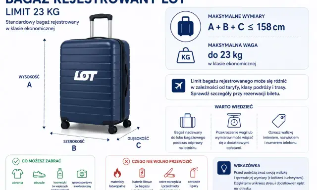 Limit bagażu rejestrowanego LOT to 23 kg. Sprawdź wymiary i wagę walizki przed podróżą, by uniknąć dodatkowych opłat.