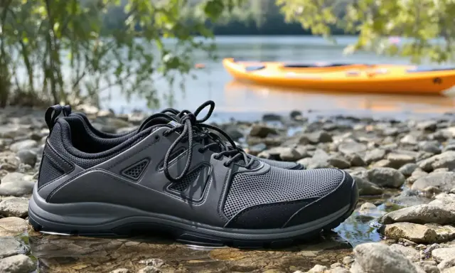 Szare buty sportowe na kamienistej plaży, idealne jako jakie buty na kajaki. W tle żółty kajak na wodzie.