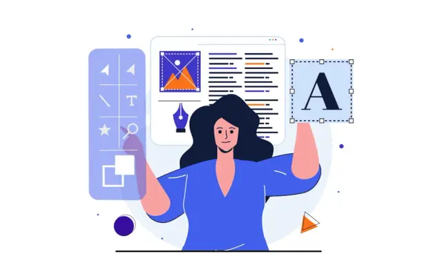 Kreatywna kobieta wybiera ładna czcionka alfabetu na ekranie edytora graficznego.