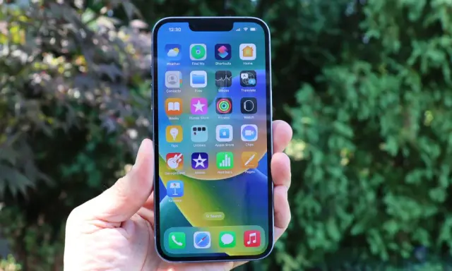 Mano sujetando un iPhone 14 con pantalla llena de iconos de apps, con árboles verdes desenfocados de fondo.