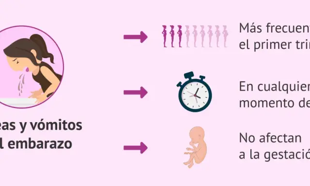 Ilustración de mujer con náuseas y vómitos en el embarazo, más comunes en el primer trimestre, pueden ocurrir a cualquier hora y no afectan la gestación.