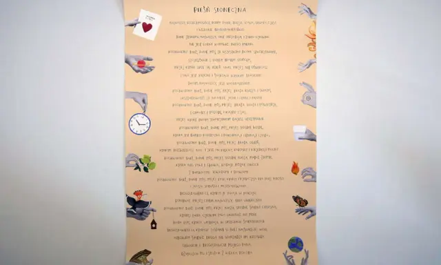 Pieśń słoneczna św. Franciszka z Asyżu. Ręcznie pisany tekst z ilustracjami: dłonie trzymające słońce, zegar, wodę, ogień, ziemię, motyla.