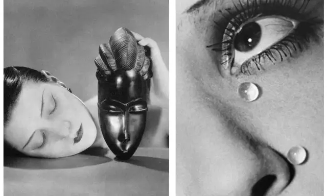 Man Ray, maestro del surrealismo, cattura un volto addormentato accanto a una maschera e gocce d'acqua sull'occhio, evocando mistero.