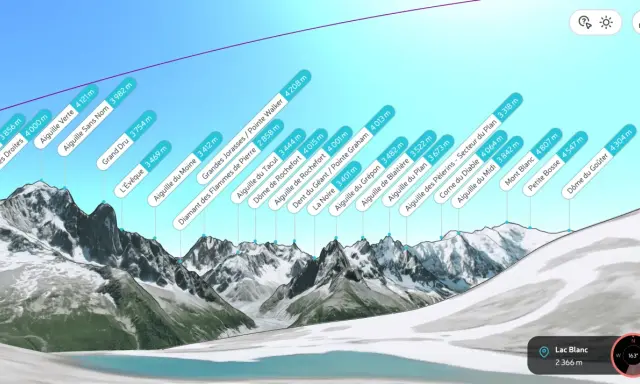 Widok na Alpy z zaznaczonym Mont Blanc, który znajduje się we Francji. Widać też inne szczyty i lodowiec.
